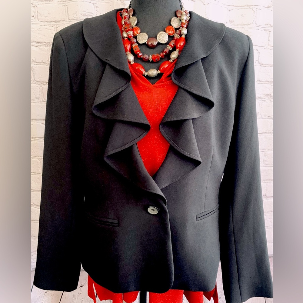Nygard Elegant Black Women's Ruffled Lapel Cropped Blazer Jacket Size Large
